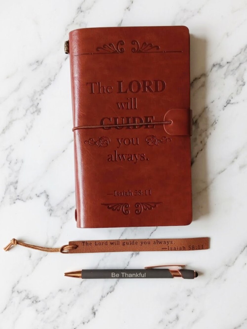 Brown Embossed Leather Journal with Pen Bookmark - Isaiah 38:11